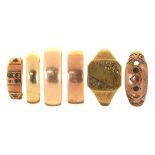 THREE 9CT GOLD WEDDING RINGS, SIZES T, O AND M, A 9CT GOLD SIGNET RING, A 9CT GOLD CHILD'S RING