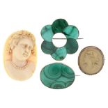 A LAVA CAMEO OF HERA IN COPPER MOUNT, AN OVAL MALACHITE BROOCH IN SILVER A CELTIC STYLE MALCHITE