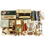 MISCELLANEOUS VINTAGE PENS, WRISTWATCHES, WORLD WAR ONE SHELL CASES, FOLDING KNIVES, COINS,