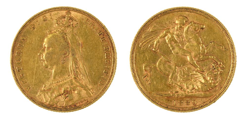 GOLD COIN. SOVEREIGN, 1889, 8G++SCRATCHES AND LIGHT WEAR CONSISTENT WITH AGE