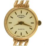 A ROTARY 9CT GOLD LADY'S WRISTWATCH, ON GOLD BRACELET, CASED, 15G++ GENERAL WEAR AND SCRATCHES