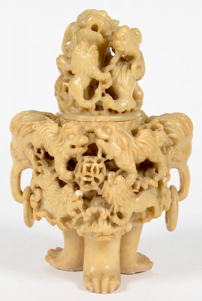 A CHINESE CARVED SOAPSTONE TRIPOD CENSER AND COVER, WITH RING HANDLES, 26CM H, EARLY 20TH C