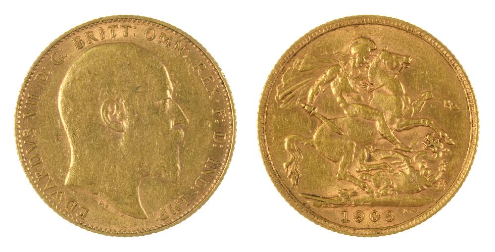 GOLD COIN. SOVEREIGN, 1909, 8G++LIGHT SCRATCHES AND WEAR CONSISTENT WITH AGE