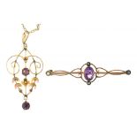 AN ART NOUVEAU AMETHYST BROOCH WITH SEED PEARLS IN GOLD MARKED 9CT, AND A SIMILAR PENDANT, IN GOLD