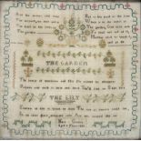 AN EARLY 19TH C LINEN SAMPLER, DATED 1824, 31 X 30CM