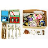 MISCELLANEOUS COSTUME JEWELLERY, PLATED FLATWARE AND TWO PAIRS OF CHINESE BAODING BALLS