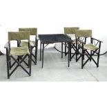 A FOLDING CARD TABLE AND SET OF FOUR STAINED WOOD FOLDING BRIDGE CHAIRS