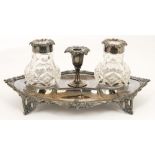 A VICTORIAN SILVER AND GLASS INK STAND, 21.5 CM W, SHEFFIELD 1878, 9OZS 7DWTS WEIGHABLE++TARNISHED