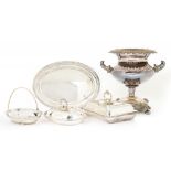 MISCELLANEOUS PLATED WARE, COMPRISING TWO ENTRÉE DISHES, 29 AND 27 CM W, A TEA URN, 33 CM H, A TRAY,