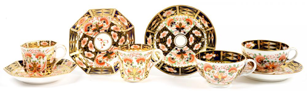 TWO SAMPSON HANCOCK OCTAGONAL TEACUPS AND SAUCERS (ONE SAUCER AF) AND TWO DERBY WITCHES PATTERN
