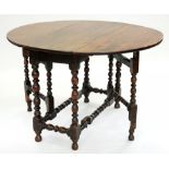 AN 18TH C OAK GATELEG TABLE, THE OVAL TOP AND BOBBIN TURNED UNDERFRAME, 103 X 118CM, RESTORATIONS