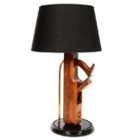 A TABLE LAMP INCORPORATING A 19TH C JOINER'S PLANE, WITH BLACK LAMPSHADE, 62CM H OVERALL