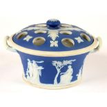 A WEDGWOOD DARK BLUE JASPER DIP TWO HANDLED POT POURRI BOWL AND COVER, 8CM H , IMPRESSED MARKS, LATE