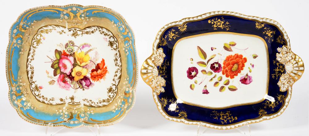 A COALPORT MOULDED CUSHION SHAPED DESSERT DISH PAINTED WITH FLOWERS IN TURQUISE BORDER AND A