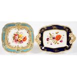 A COALPORT MOULDED CUSHION SHAPED DESSERT DISH PAINTED WITH FLOWERS IN TURQUISE BORDER AND A