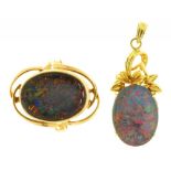 A BLACK OPAL DOUBLET RING, IN GOLD MARKED 9CT, SIZE M AND A BLACK OPAL TRIPLET PENDANT, IN GOLD