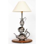 A TABLE LAMP INCORPORATING A THREE PIECE SILVER PLATED TEA SERVICE, WITH LAMPSHADE, 64CM H OVERALL