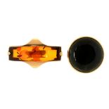 A CAT'S EYE SAPPHIRE RING, IN GOLD, STAMPED 585, SWEDISH CONTROL MARKS, 1921, SIZE M AND AN AMBER