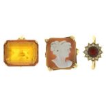 THREE GOLD RINGS, COMPRISING A SHELL CAMEO RING IN 9CT GOLD, SIZE Q, A CITRINE RING IN GOLD,