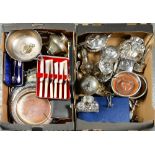 MISCELLANEOUS PLATED WARE, TO INCLUDE COFFEE AND TEAPOTS, COASTERS, FLATWARE, ETC