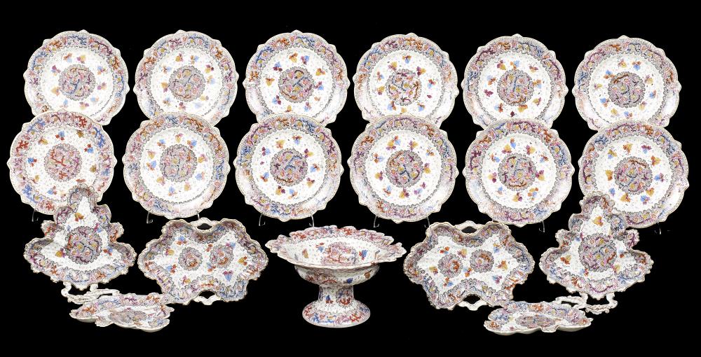 A MASON'S IRONSTONE DESSERT SERVICE, C 1835-40 PRINTED WITH A NET PATTERN AND PANTED IN ENAMELS, THE