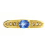 A CEYLON SAPPHIRE AND DIAMOND RING IN GOLD, MARKED 18CT, 3G, SIZE N++LIGHT WEAR CONSISTENT WITH AGE