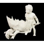 A CONTINENTAL GLAZED PORCELAIN FIGURE OF A CHILD PUSHING A RUSTIC WHEELBARROW, 14CM H, LATE 19TH C