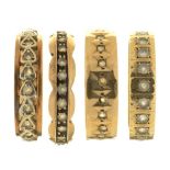 FOUR GEM SET BAND RINGS, IN GOLD MARKED 9CT, 10G, SIZES P - R++WEAR AND SCRATCHES CONSISTENT WITH