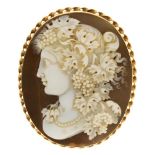 A SHELL CAMEO OF A BACCHANTE, IN 9CT GOLD, APPROX 5 X 4 CM, 10.5G++LIGHT WEAR AND SCRATCHES