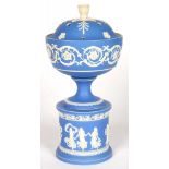 AN ADAMS BLUE JASPER DIP POT POURRI VASE AND COVER ON PEDESTAL, 29CM H, IMPRESSED MARK, C1900