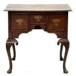 A GEORGE III OAK LOWBOY ON LATER ASSOCIATED CABRIOLE LEGS, 82CM L, LATE 18TH/EARLY 19TH C