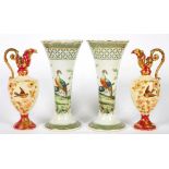 A PAIR OF S HANCOCK & SONS CORONA WARE CHANTILLY PATTERN TRUMPET VASES, 25CM H, PRINTED MARK,