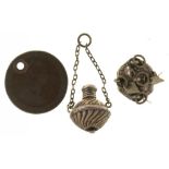 A GEORGE III COPPER CARTWHEEL PENNY, A REEDED SILVER SCENT BOTTLE AND A REPOUSSE RING, SIZE P½++