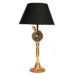 A BRASS TABLE LAMP IN THE FORM OF A SHIP'S TELEGRAPH, BLACK LAMPSHADE, 57CM H OVERALL