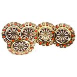 THREE ROYAL CROWN DERBY OLD IMARI PATTERN PLATES, 21.5CM D, HAVING FLUTED RIMS AND TWO ROYAL CROWN