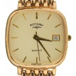 A ROTARY 9CT GOLD GENTLEMAN'S WRISTWATCH WITH CUSHION SHAPED DIAL, BIRMINGHAM 1991, GOLD BRACELET,