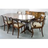 A GEORGE III STYLE TWIN PILLAR MAHOGANY DINING TABLE, A SIDEBOARD AND SET OF FIVE DINING CHAIRS,