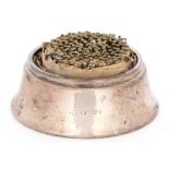 A GEORGE VI SILVER PIN CUSHION, 6.5 CM W, BIRMINGHAM 1944, LOADED++TARNISHED. MINOR DENTS.