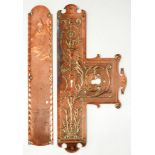 AN EDWARDIAN FOLIATE EMBOSSED COPPER FINGER - LOCK PLATE, 49.5CM H AND AN ARTS AND CRAFTS COPPER