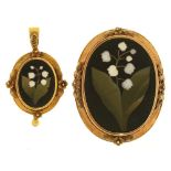 A MID 19TH C PIETRE DURE BROOCH AND PENDANT IN GOLD, BROOCH APPROX 5 X 4 CM, 19G++IN GOOD CONDITION,