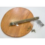 THIRTEEN BRASS STAIR RODS, 77CM L, WITH ASSOCIATED FASTENINGS AND A PINE TABLE TOP