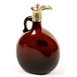 A 19TH CENTURY EPNS MOUNTED AMBER GLASS DECANTER WITH CORK STOPPER, 20CM H