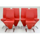 A SET OF SIX ITALIAN RED VINYL DINING CHAIRS, ON CHROMIUM PLATED SQUARE FOOT, LATE 20TH C