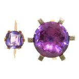 A COLOUR CHANGE CORUNDUM RING, IN GOLD MARKED ESC-P 585, SIZE Q, AND AN AMETHYST RING IN GOLD,