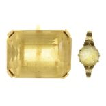 A STEP CUT CITRINE RING, APPROX 38 CTS, IN GOLD MARKED 9CT, 13.5G, SIZE Q AND ANOTHER CITRINE RING