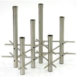 A SATIN FINISH STAINLESS STEEL SIX LIGHT CANDELABRUM, 29CM H