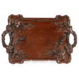 A RUSTIC CARVED WALNUT TRAY WITH BUNCHES OF GRAPES AND TWO SQUIRRELS, 45CM OVER HANDLES, EARLY