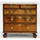 A VICTORIAN INLAID WALNUT CHEST OF DRAWERS, WITH QUARTER VENEERED TOP AND BUN FEET, 96CM H; 94 X