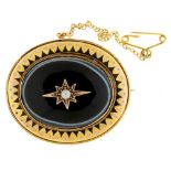 A VICTORIAN SEED PEARL AND BANDED AGATE LOCKET BACK BROOCH, IN GOLD, INSCRIBED IN MEMORY OF HANNAH