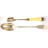 A VICTORIAN SILVER BASTING SPOON, EXETER 1839 AND A VICTORIAN BONE HAFTED SILVER CHEESE SCOOP,